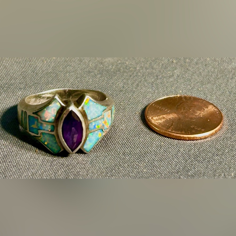 Sterling Silver lab created, opal and amethyst marquee cut 8 1/2 ring